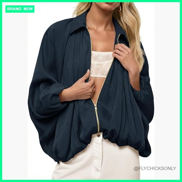 Polyester Blend Bomber Jacket with Batwing Sleeves and Pleated Hem